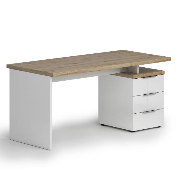 Scrivania Navu con container Bianco lucido / Effetto rovere