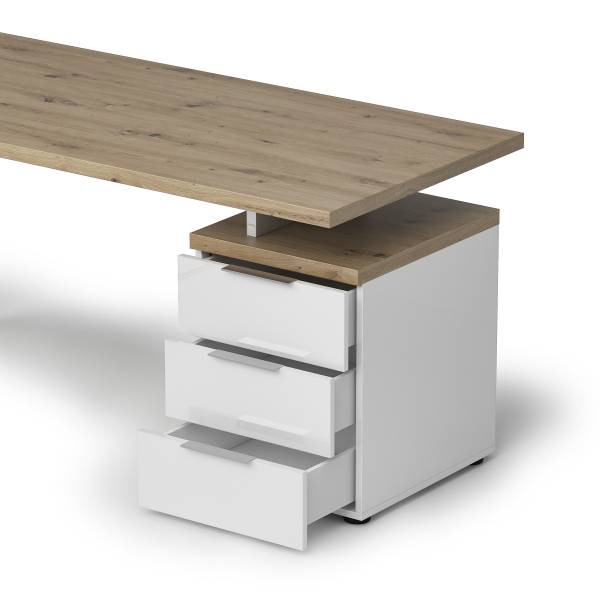 Scrivania Navu con container Bianco lucido / Effetto rovere