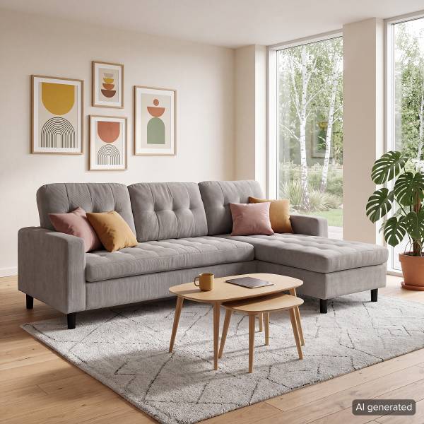Ecksofa GANICK mit Longchair Cordstoff Fjella: Hellgrau