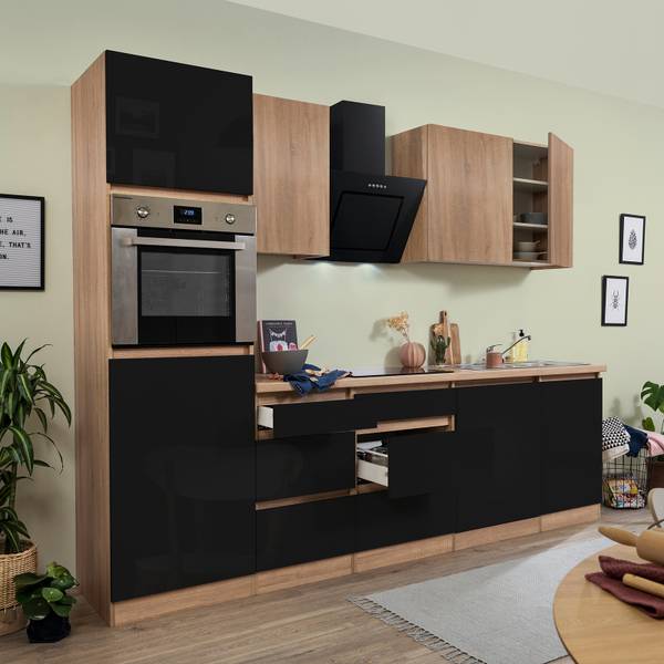 Cuisine équipée Lorena A Noir / Imitation chêne brut de sciage - Largeur : 280 cm