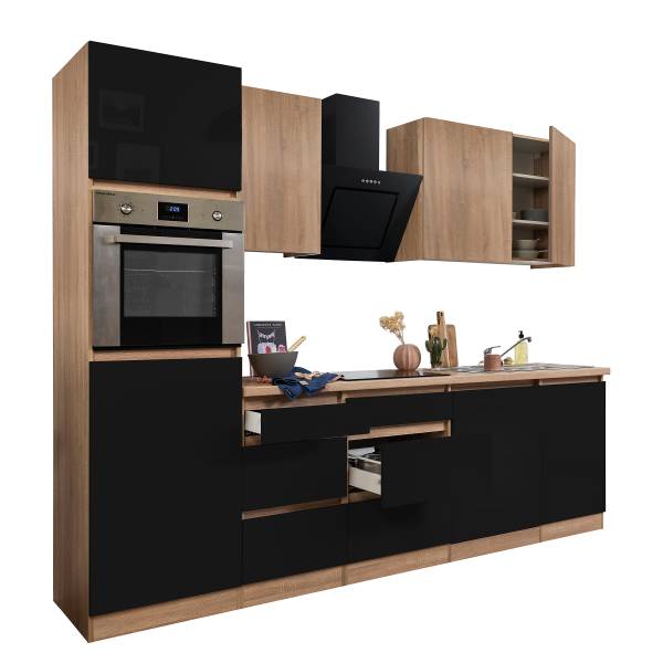 Cuisine équipée Lorena A Noir / Imitation chêne brut de sciage - Largeur : 280 cm