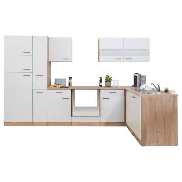 Hoek-keukenblok Merle wit/grof gezaagde eikenlook - wit/grof gezaagde eikenhouten look - Breedte: 310 cm