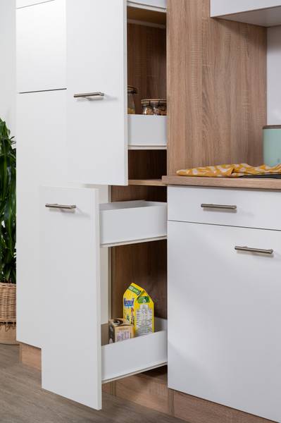 Hoek-keukenblok Merle wit/grof gezaagde eikenlook - wit/grof gezaagde eikenhouten look - Breedte: 310 cm