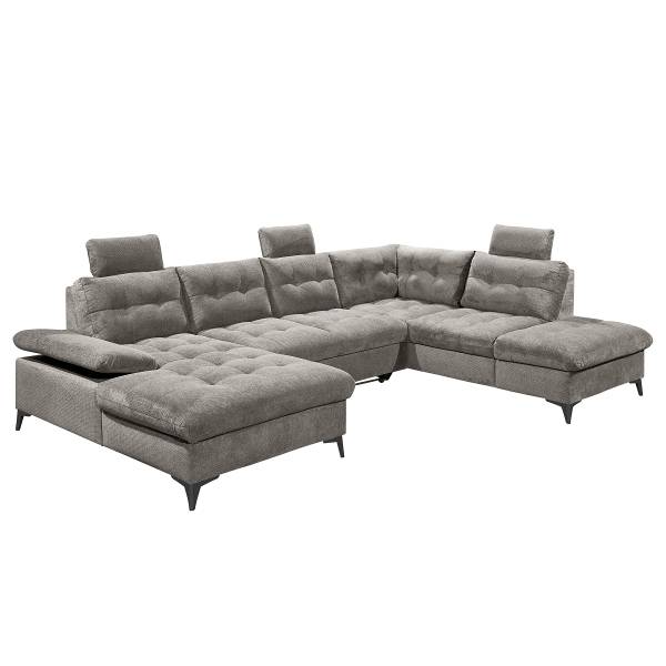 Divano panoramico letto Bemwa Tessuto strutturato Vilana: grigio chiaro - Longchair preimpostata a sinistra / penisola a destra - Nero
