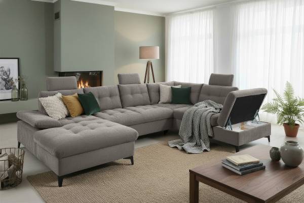 Divano panoramico letto Bemwa Tessuto strutturato Vilana: grigio chiaro - Longchair preimpostata a sinistra / penisola a destra - Nero