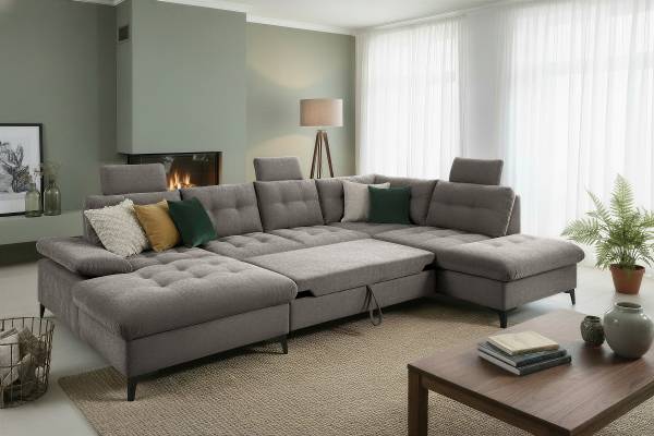 Divano panoramico letto Bemwa Tessuto strutturato Vilana: grigio chiaro - Longchair preimpostata a sinistra / penisola a destra - Nero