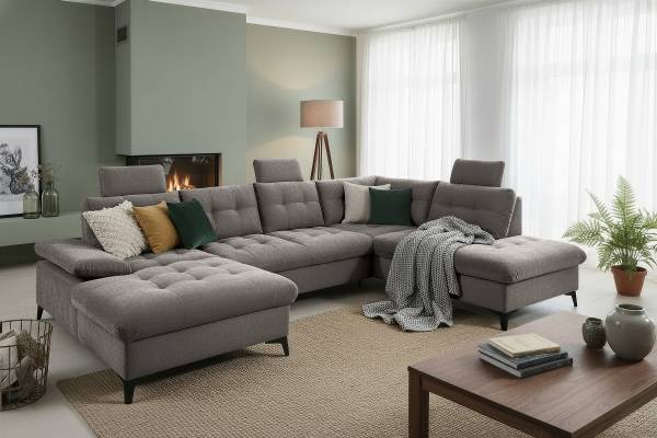 Divano panoramico letto Bemwa Tessuto strutturato Vilana: grigio chiaro - Longchair preimpostata a sinistra / penisola a destra - Nero