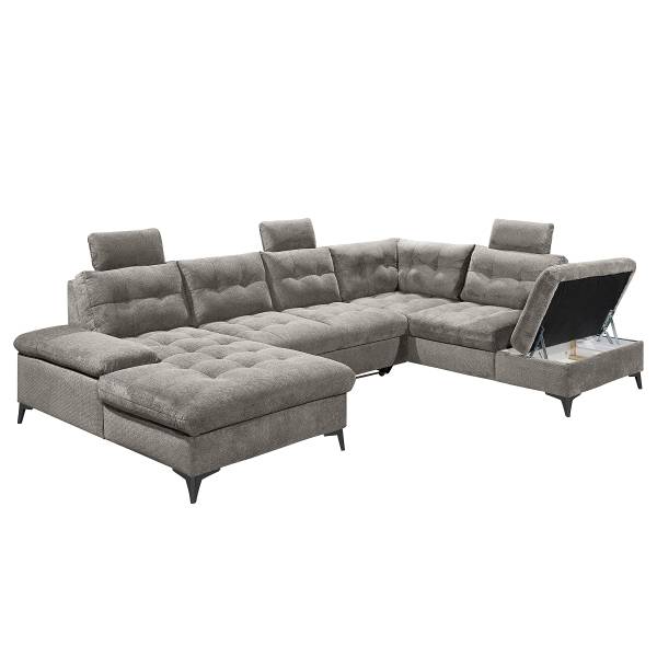 Divano panoramico letto Bemwa Tessuto strutturato Vilana: grigio chiaro - Longchair preimpostata a sinistra / penisola a destra - Nero