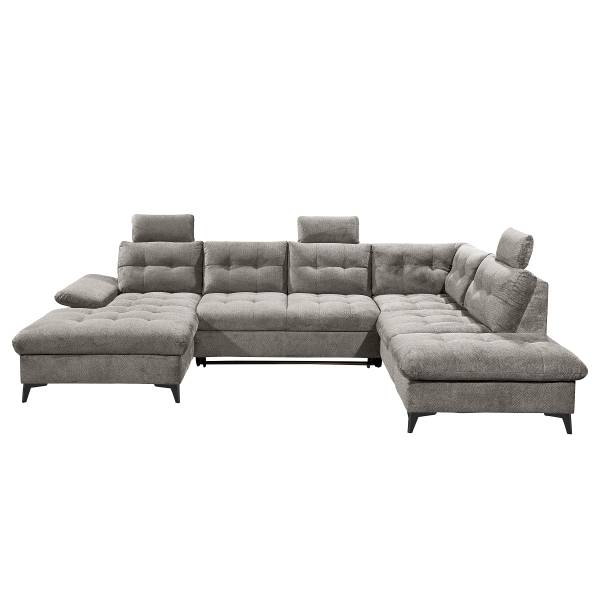 Divano panoramico letto Bemwa Tessuto strutturato Vilana: grigio chiaro - Longchair preimpostata a sinistra / penisola a destra - Nero