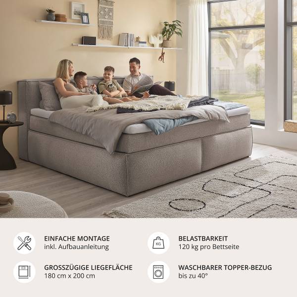 Boxspring-/Familienbett PAYAHE Bouclé Stoff Piana: Taupe - 180 x 200cm