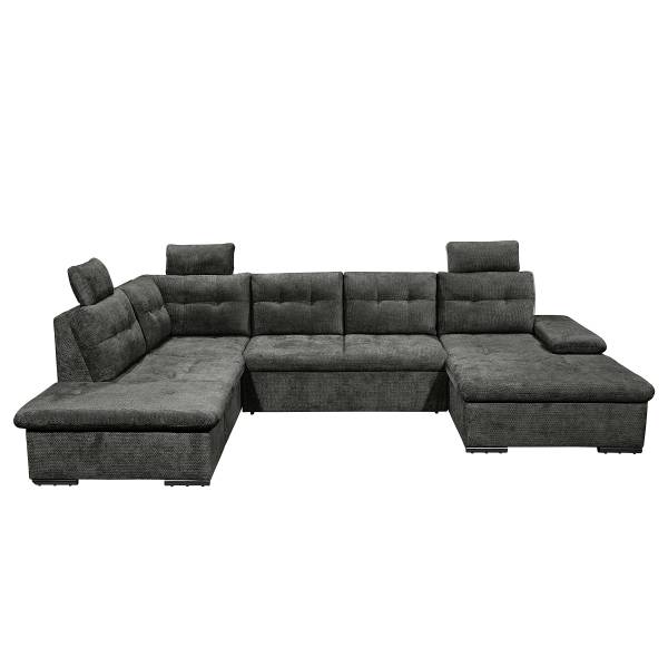 Canapé d'angle Atata avec fonction Tissu chenille Edisa: Noir - Méridienne courte à droite / longue à gauche (vue de face)