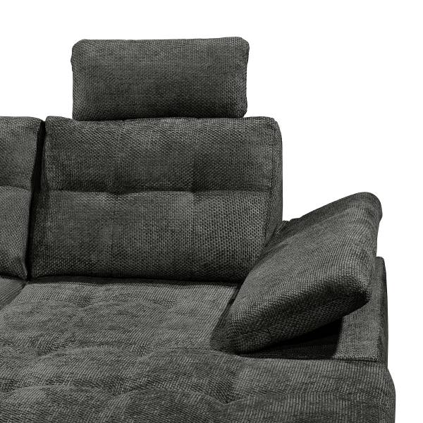 Canapé d'angle Atata avec fonction Tissu chenille Edisa: Noir - Méridienne courte à droite / longue à gauche (vue de face)