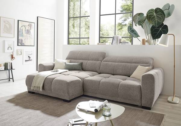 Hoekbank Patei met slaapfunctie geweven stof Gleni: taupe - chaise longue vooraanzicht links