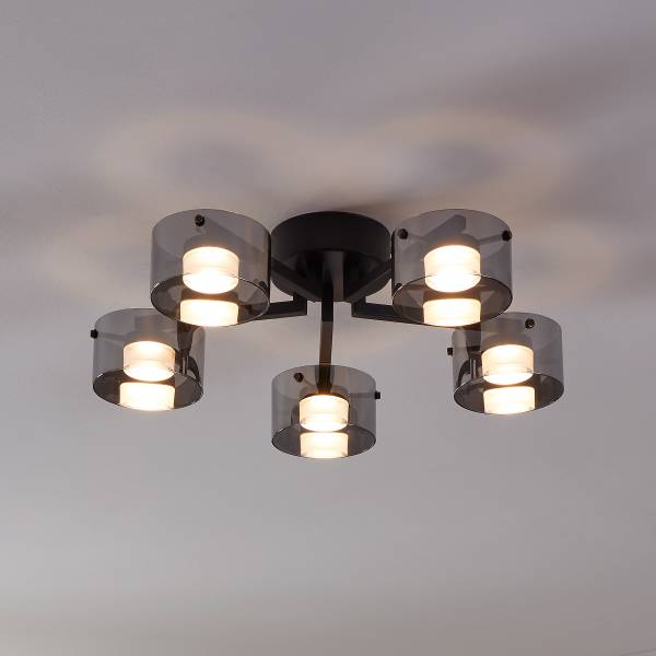LED-Deckenleuchte Copillos Stahl / Rauchglas - Schwarz - 5-flammig
