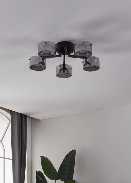 LED-Deckenleuchte Copillos Stahl / Rauchglas - Schwarz - 5-flammig