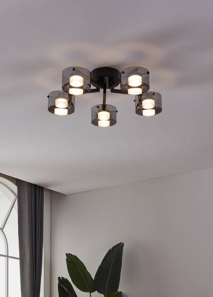 LED-Deckenleuchte Copillos Stahl / Rauchglas - Schwarz - 5-flammig