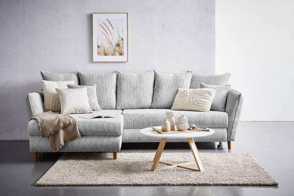 Ecksofa Aadla mit Schlaffunktion Cordstoff Poppy: Hellgrau