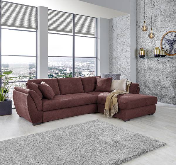 Ecksofa Baeta mit Schlaffunktion Webstoff Roge: Aubergine - Schlaffunktion davorstehend links