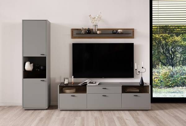 Standvitrine Medzes Basalt / Eiche Evoke Dekor