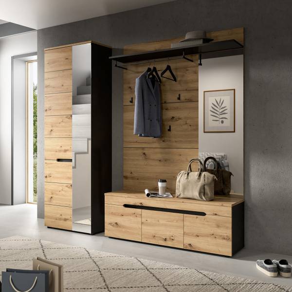 Garderobenset Canu 3-teilig - Paneel Eiche Artisan Dekor / Anthrazit - Breite: 200 cm
