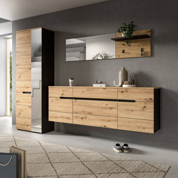 Garderobenset Canu 3-teilig - Spiegel Eiche Artisan Dekor / Anthrazit - Breite: 256 cm