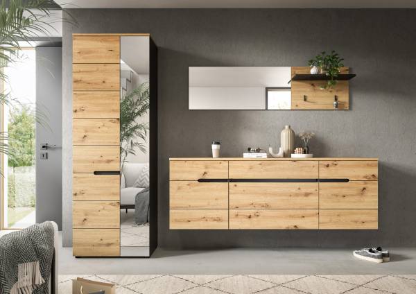 Garderobenset Canu 3-teilig - Spiegel Eiche Artisan Dekor / Anthrazit - Breite: 256 cm