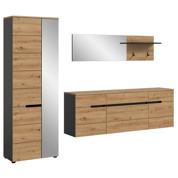 Garderobenset Canu 3-teilig - Spiegel Eiche Artisan Dekor / Anthrazit - Breite: 256 cm