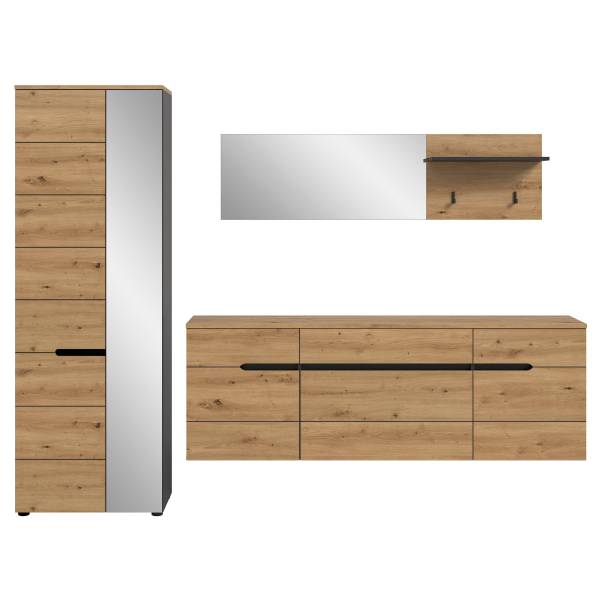 Garderobenset Canu 3-teilig - Spiegel Eiche Artisan Dekor / Anthrazit - Breite: 256 cm
