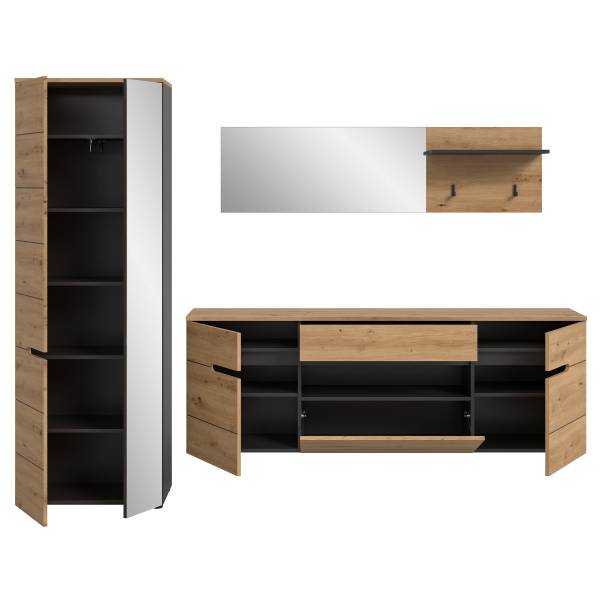 Garderobenset Canu 3-teilig - Spiegel Eiche Artisan Dekor / Anthrazit - Breite: 256 cm