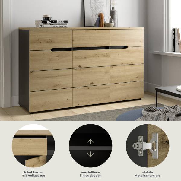 Sideboard Canu - 130 cm Eiche Artisan Dekor / Anthrazit