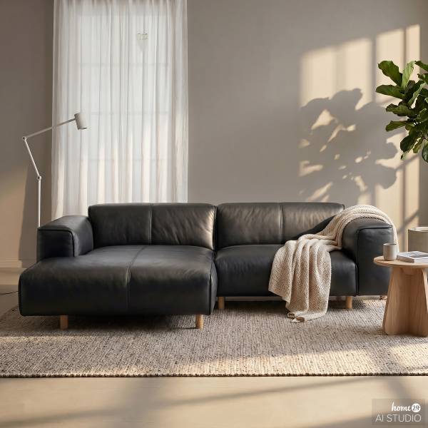 Ecksofa STAN B 1,5-Sitzer mit Longchair Echtleder Omara: Schwarz - Longchair davorstehend links