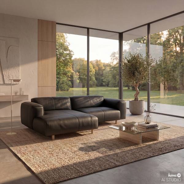 Ecksofa STAN B 1,5-Sitzer mit Longchair Echtleder Omara: Schwarz - Longchair davorstehend links