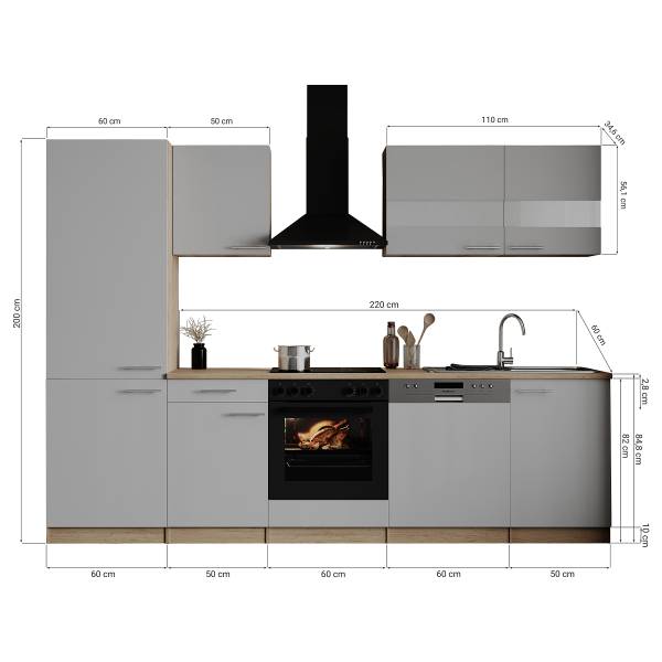 Küchenzeile Merle V Grau - Breite: 280 cm - Induktion - Mit Elektrogeräten