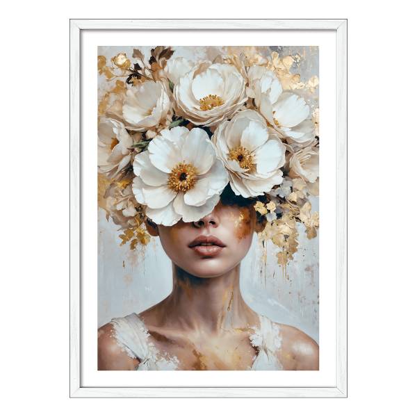 Bild Flowers On Her Head XI Floatglas - Gold / Grau / Weiß