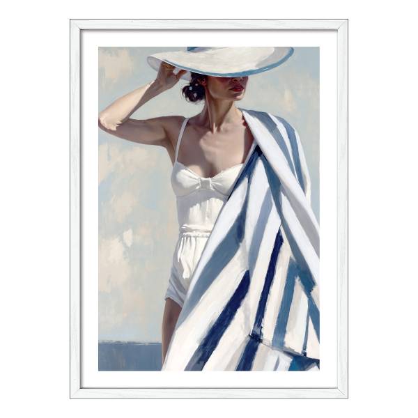 Bild Girl On The Beach IV Floatglas - Blau / Weiß / Beige