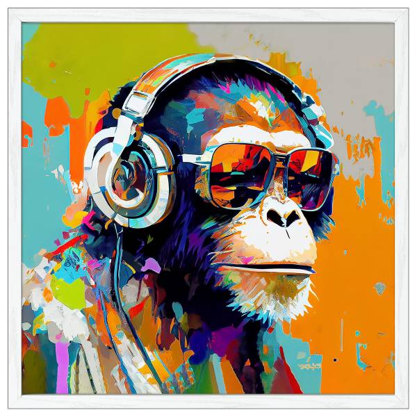 Bild Animals With Headphones I Floatglas - Orange / Türkis / Braun