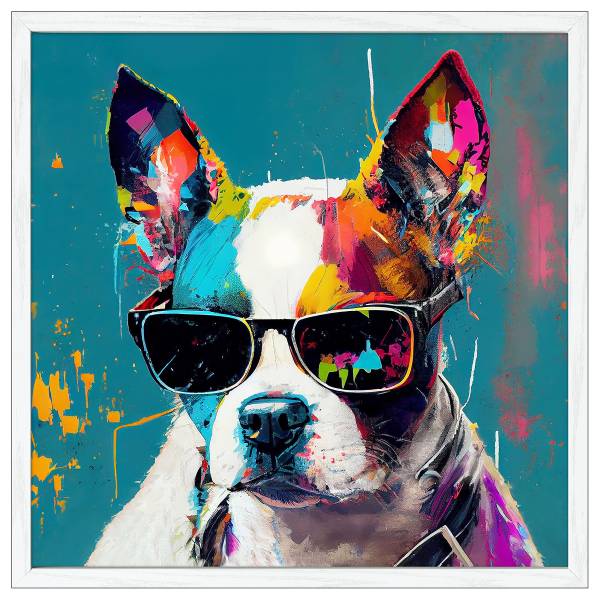 Tableau Dog With Sunglasses I Verre float - turquoise / blanc / orange