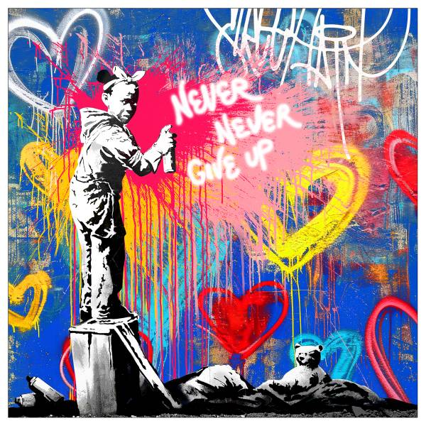 Tableau Graffiti never give up Bleu - Rouge - Jaune - Bois manufacturé - Papier - 30 x 30 x 2 cm