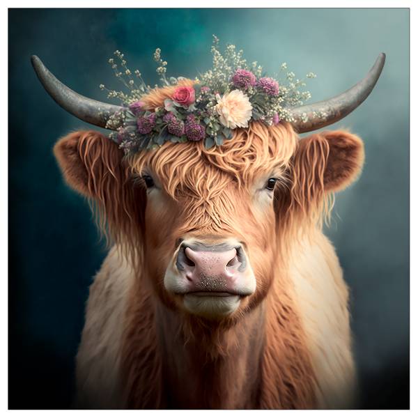 Afbeelding Flower Highland Cattle bruin - roze - turquoise - plaatmateriaal op houtbasis - papier - 30 x 30 x 2 cm