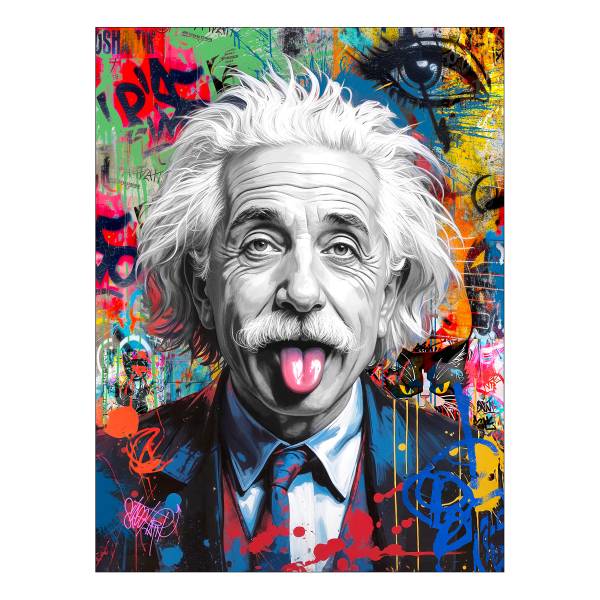 Afbeelding Einstein Graffiti blauw - grijs - rood - plaatmateriaal op houtbasis - papier - 57 x 77 x 2 cm