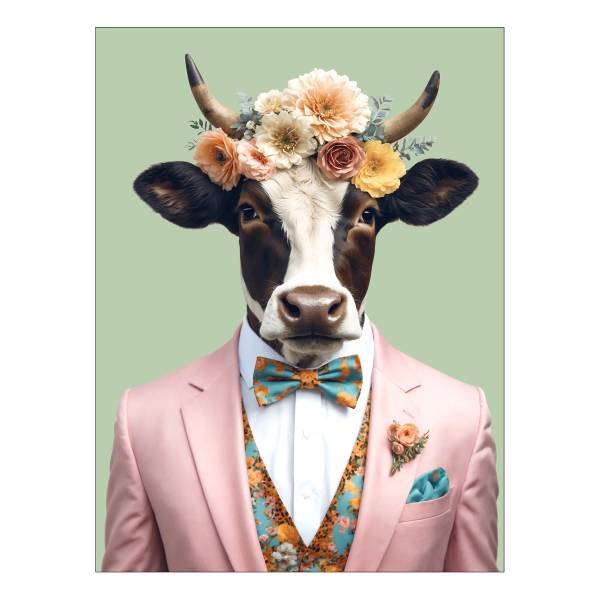 Tableau Vache fantaisie Vert - Rose foncé - Blanc - Bois manufacturé - Papier - 84 x 116 x 2.4 cm