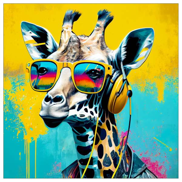 Afbeelding Animals With Headphones II beige - turquoise - geel - plaatmateriaal op houtbasis - papier - 30 x 30 x 2 cm