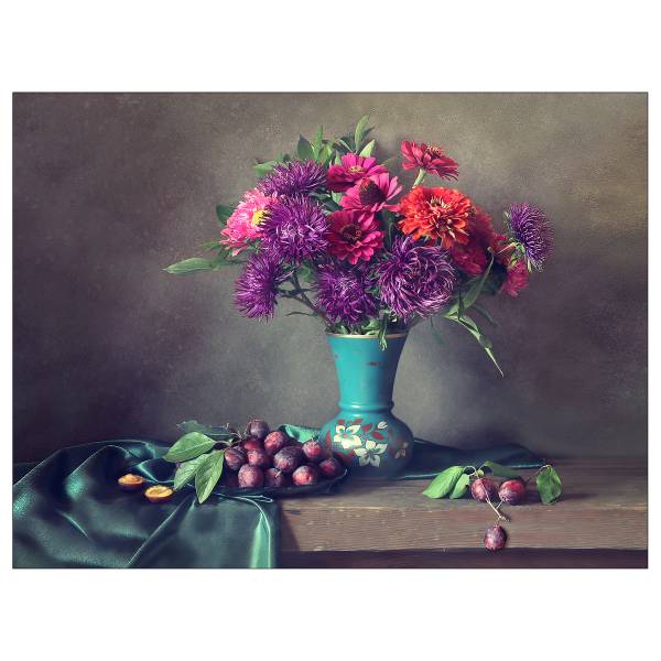 Tableau Fleurs en vase Gris - Vert - Mauve - Bois manufacturé - Papier - 77 x 57 x 2 cm