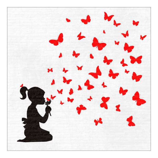 Tableau Fille mur de briques blanches II Noir - Rouge - Blanc - Bois manufacturé - Papier - 40 x 40 x 2 cm