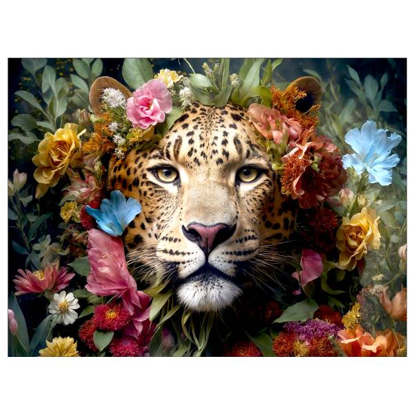 Leinwandbild Jaguar With Flowers Braun - Grün - Gelb - Holzwerkstoff - Papier - 77 x 57 x 2 cm