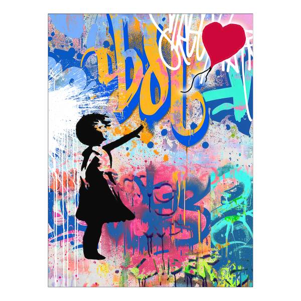 Leinwandbild Graffiti Red Balloon Blau - Türkis - Gelb - Holzwerkstoff - Papier - 57 x 77 x 2 cm