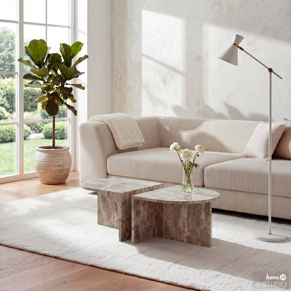 Couchtisch-Set PUEL halbrund 2er-Set Marmor Graubraun
