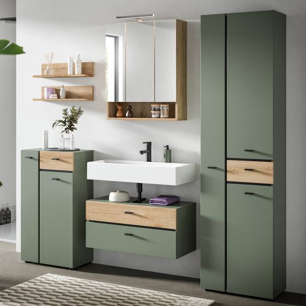 Badset Aqua 5-teilig Kombi B Dunkelgrün / Eiche Evoke Dekor - Mit Beleuchtung