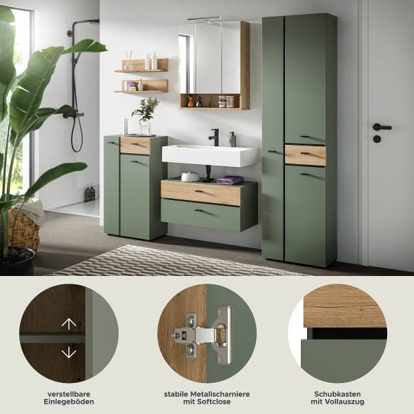 Badset Aqua 5-teilig Kombi B Dunkelgrün / Eiche Evoke Dekor - Mit Beleuchtung
