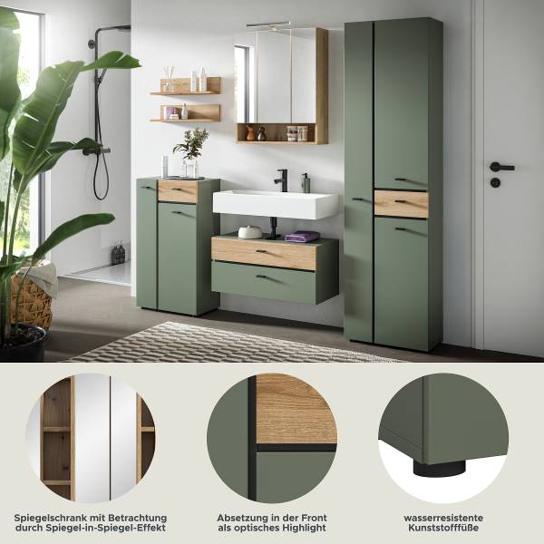 Badset Aqua 5-teilig Kombi B Dunkelgrün / Eiche Evoke Dekor - Mit Beleuchtung
